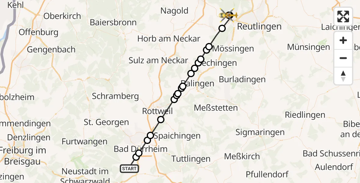 Flugroute Rettungshubschrauber Donaueschingen - Tübingen Trauma Hospital, 17 April 2026, 09:17
