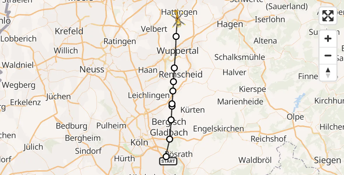 Flugroute Ambulanzhubschrauber Köln Bonn Flughafen - Hattingen, 17 April 2026, 09:20