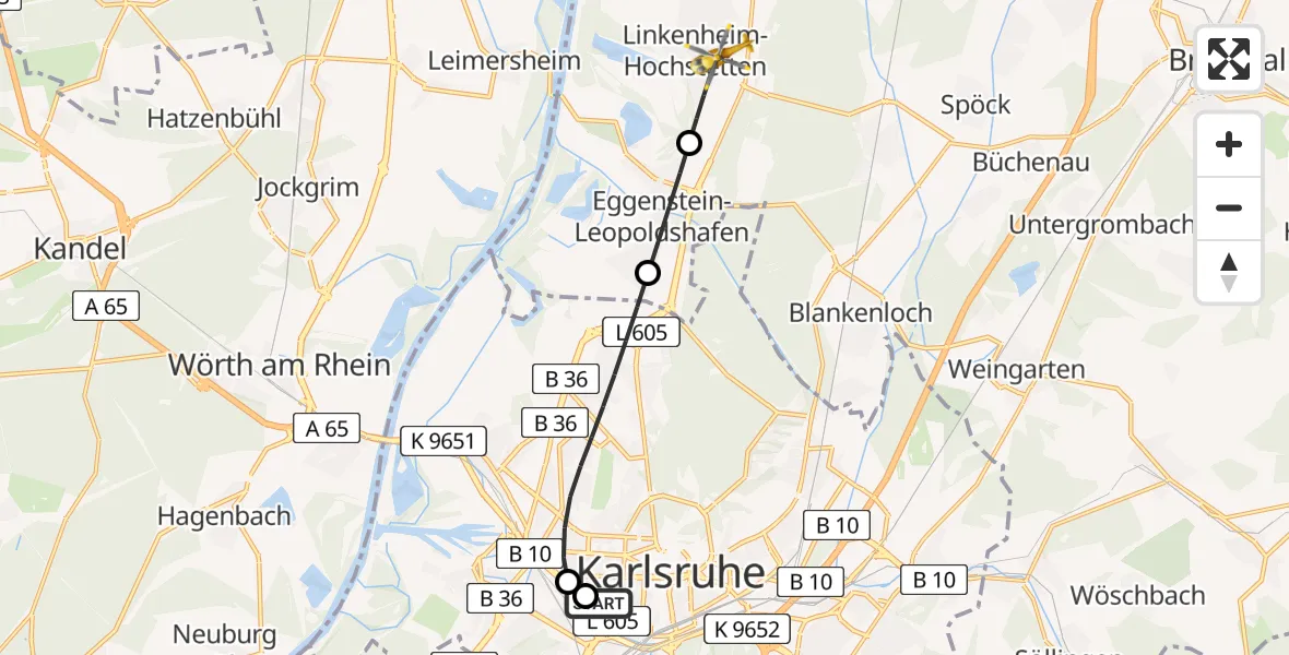 Flugroute Rettungshubschrauber Sankt Vincentius Hospital - Linkenheim-Hochstetten, 17 April 2026, 09:30