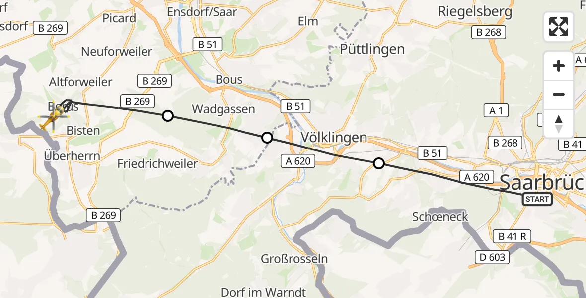 Flugroute Rettungshubschrauber Saarbrücken - Überherrn, 17 April 2026, 09:33