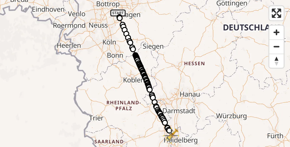 Flugroute Ambulanzhubschrauber Hattingen - Mannheim, 17 April 2026, 09:51