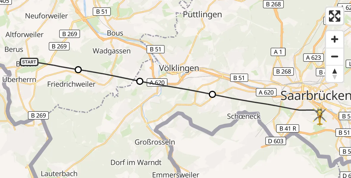 Flugroute Rettungshubschrauber Überherrn - Saarbrücken, 17 April 2026, 10:09