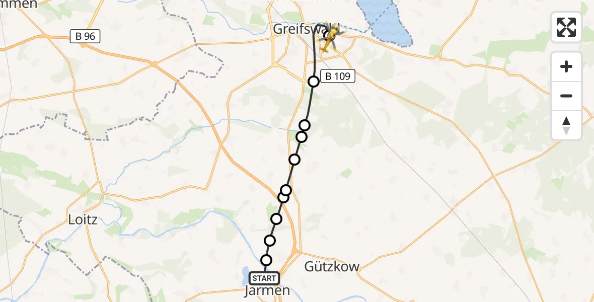 Flugroute Rettungshubschrauber Jarmen - Greifswald Hospital, 17 April 2026, 10:09