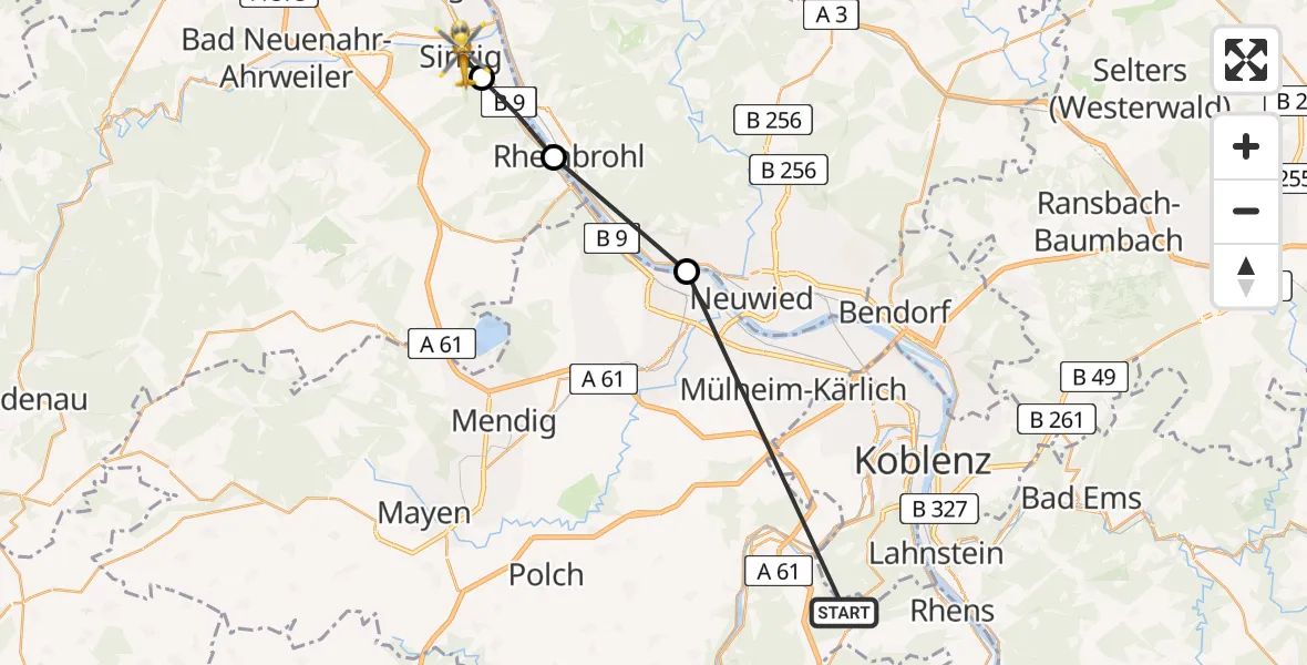 Flugroute Ambulanzhubschrauber Waldesch - Sinzig, 17 April 2026, 10:09
