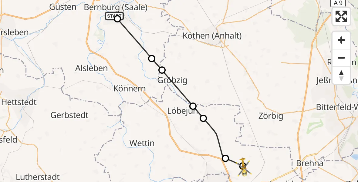 Flugroute Ambulanzhubschrauber AMEOS Hospital Bernburg - Halle-Oppin Flugplatz, 17 April 2026, 10:15