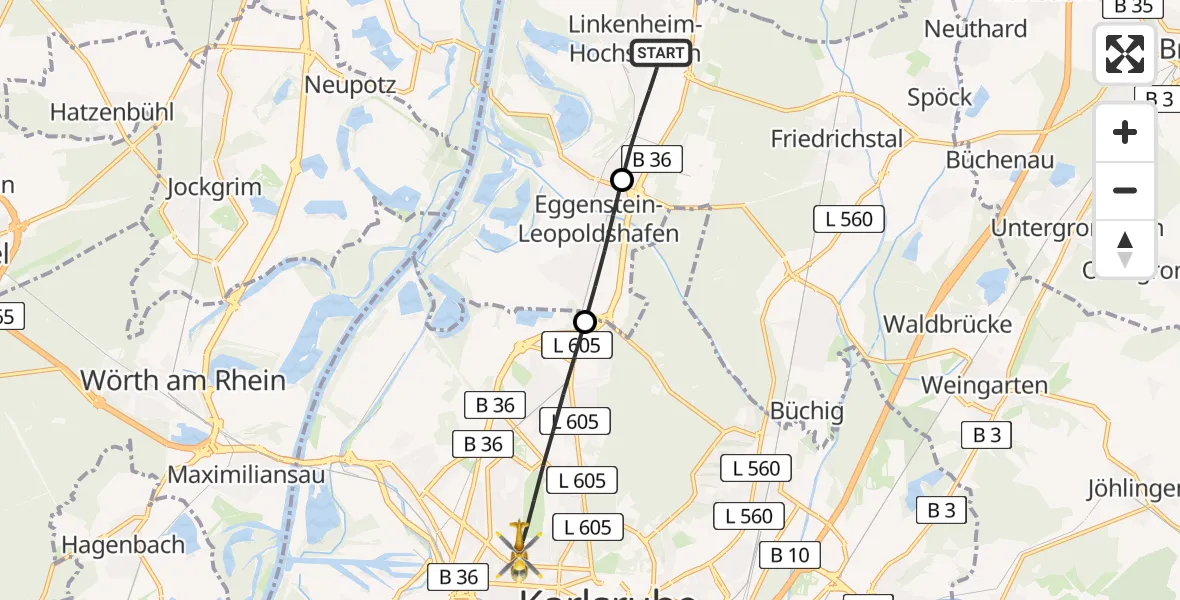 Flugroute Rettungshubschrauber Linkenheim-Hochstetten - Karlsruhe, 17 April 2026, 10:19