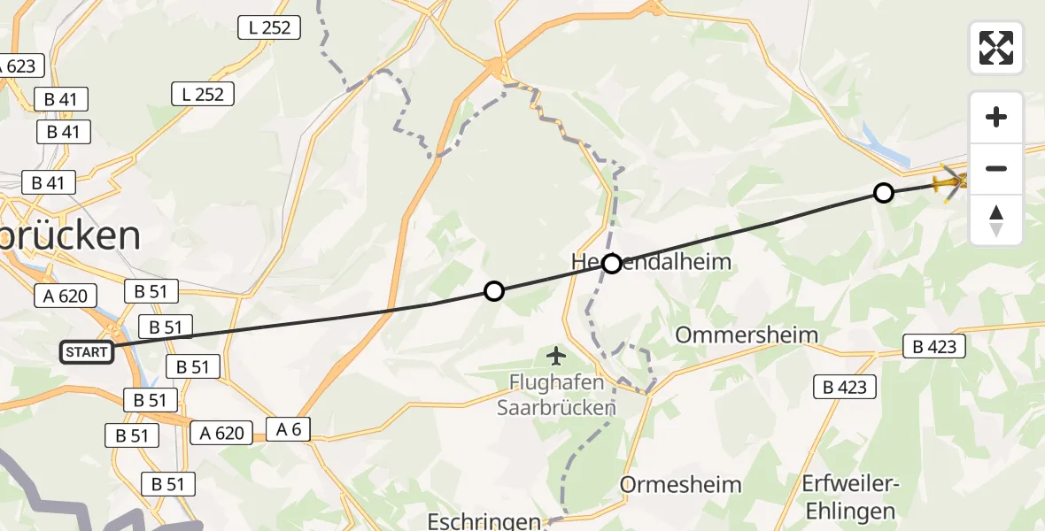 Flugroute Rettungshubschrauber Saarbrücken - Blieskastel, 17 April 2026, 10:21