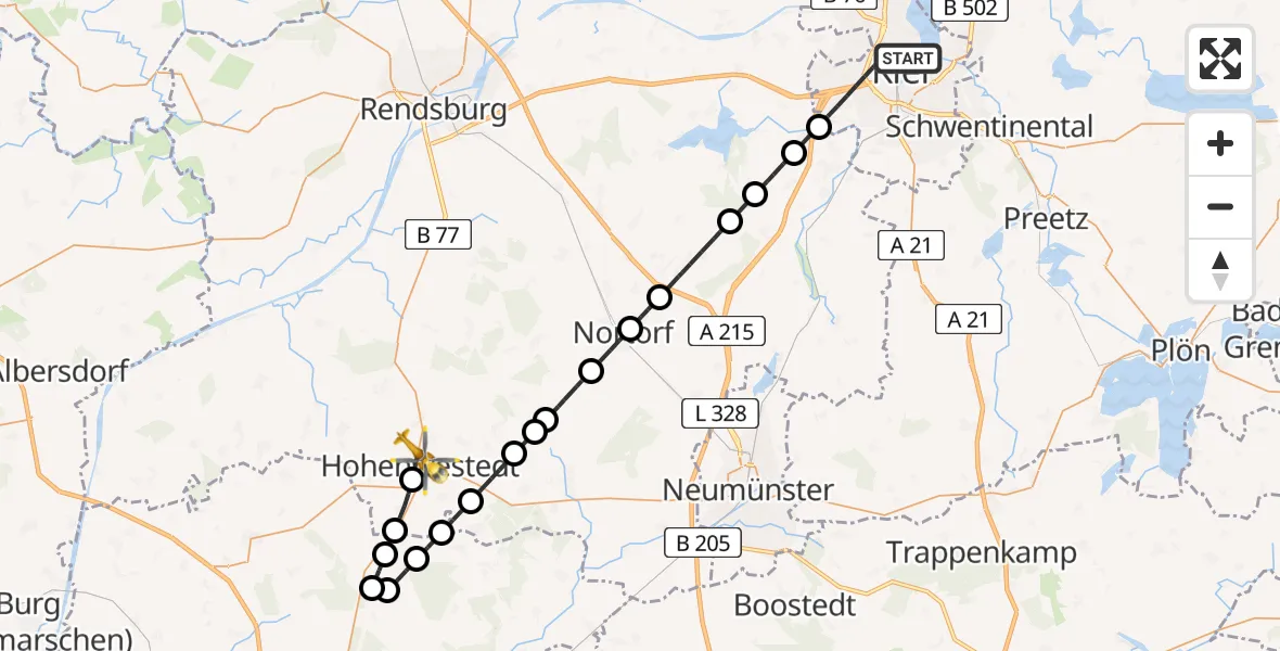 Flugroute Rettungshubschrauber Kiel - Hohenwestedt, 17 April 2026, 10:36
