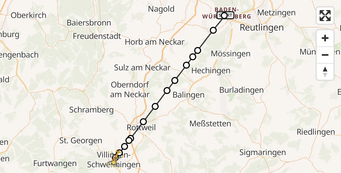 Flugroute Rettungshubschrauber Tübingen Trauma Hospital - DRF Air Rescue Station Villingen-Schwenningen Hubschrauberlandeplatz (Christoph 11), 17 April 2026, 10:36