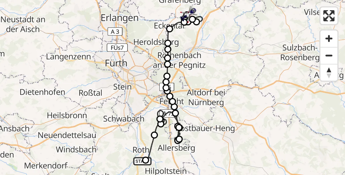 Flugroute Polizeihubschrauber Flugplatz Roth - Lauf-Lillinghof Flugplatz, 17 April 2026, 10:39