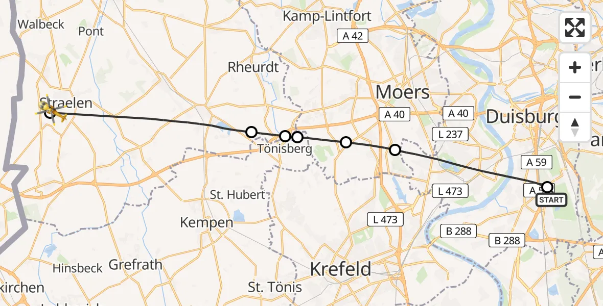 Flugroute Rettungshubschrauber Duisburg Air Rescue Hubschrauberlandeplatz (Christoph 9) - Straelen, 17 April 2026, 10:47