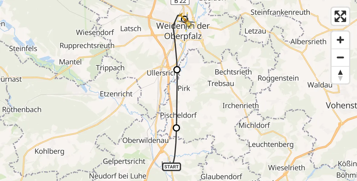 Flugroute Rettungshubschrauber Luhe-Wildenau - Weiden Hospital, 17 April 2026, 10:48