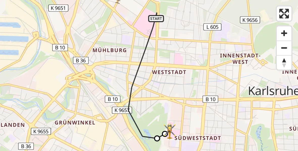 Flugroute Rettungshubschrauber Karlsruhe - Sankt Vincentius Hospital, 17 April 2026, 10:53