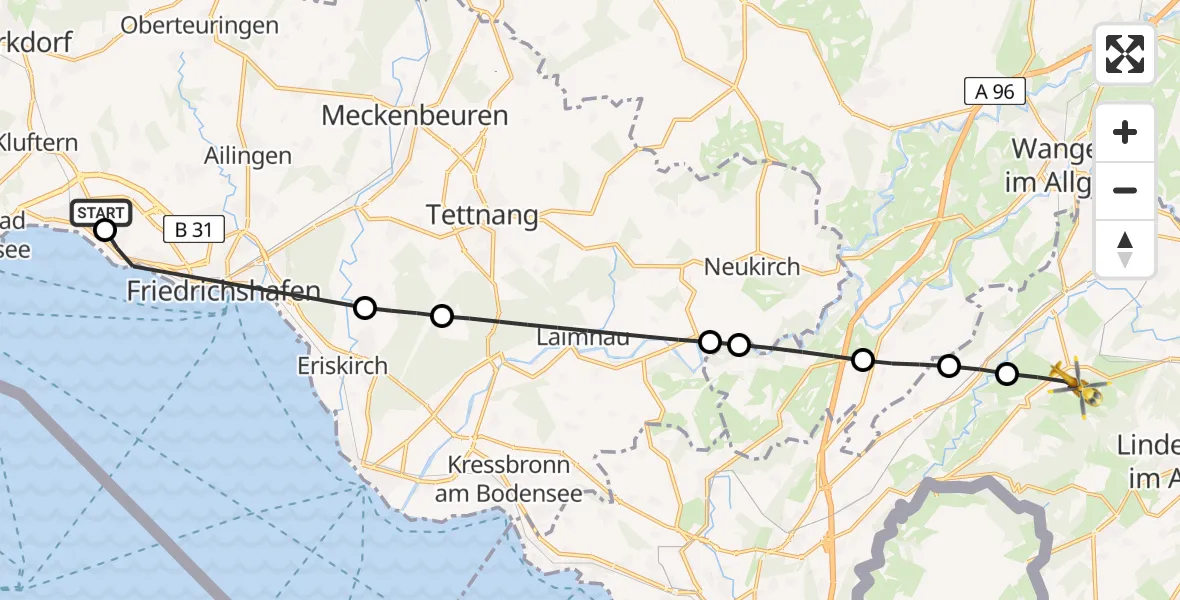 Flugroute Rettungshubschrauber Friedrichshafen Hospital - Opfenbach, 17 April 2026, 10:55
