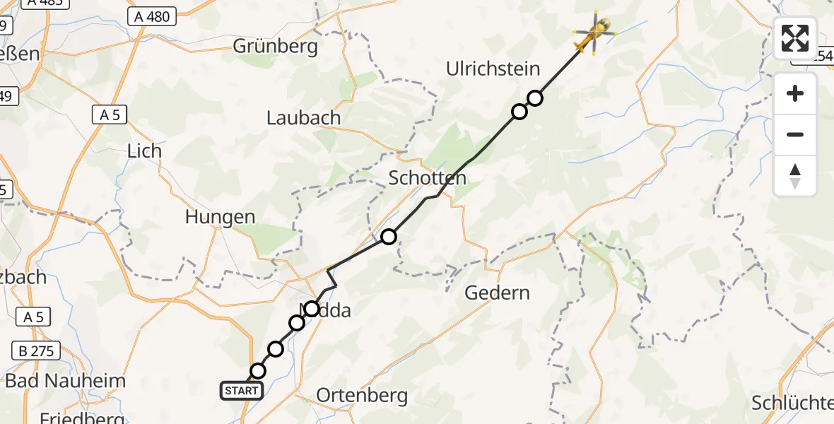 Flugroute Ambulanzhubschrauber Reichelsheim (Wetterau) - Lautertal (Vogelsberg), 17 April 2026, 11:04