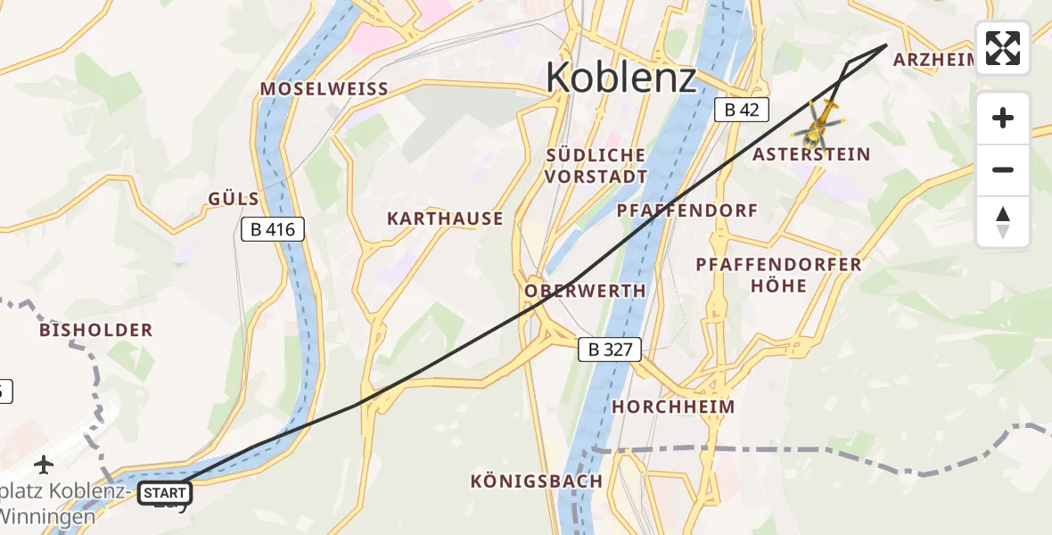 Flugroute Ambulanzhubschrauber Koblenz - Koblenz, 17 April 2026, 11:19