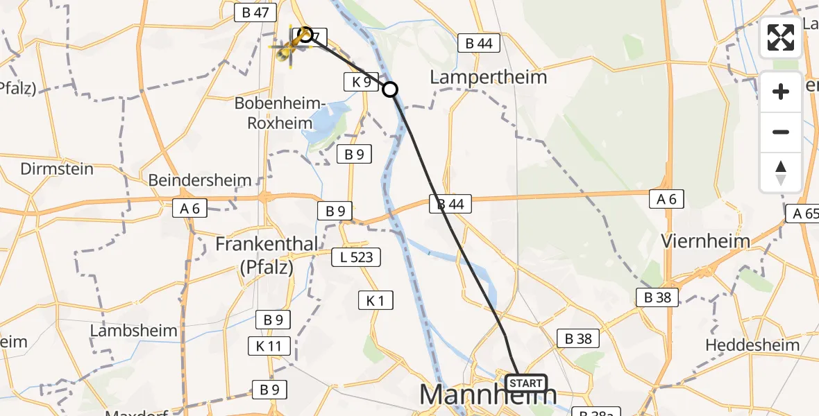 Flugroute Ambulanzhubschrauber Mannheim - Worms Flugplatz, 17 April 2026, 11:19
