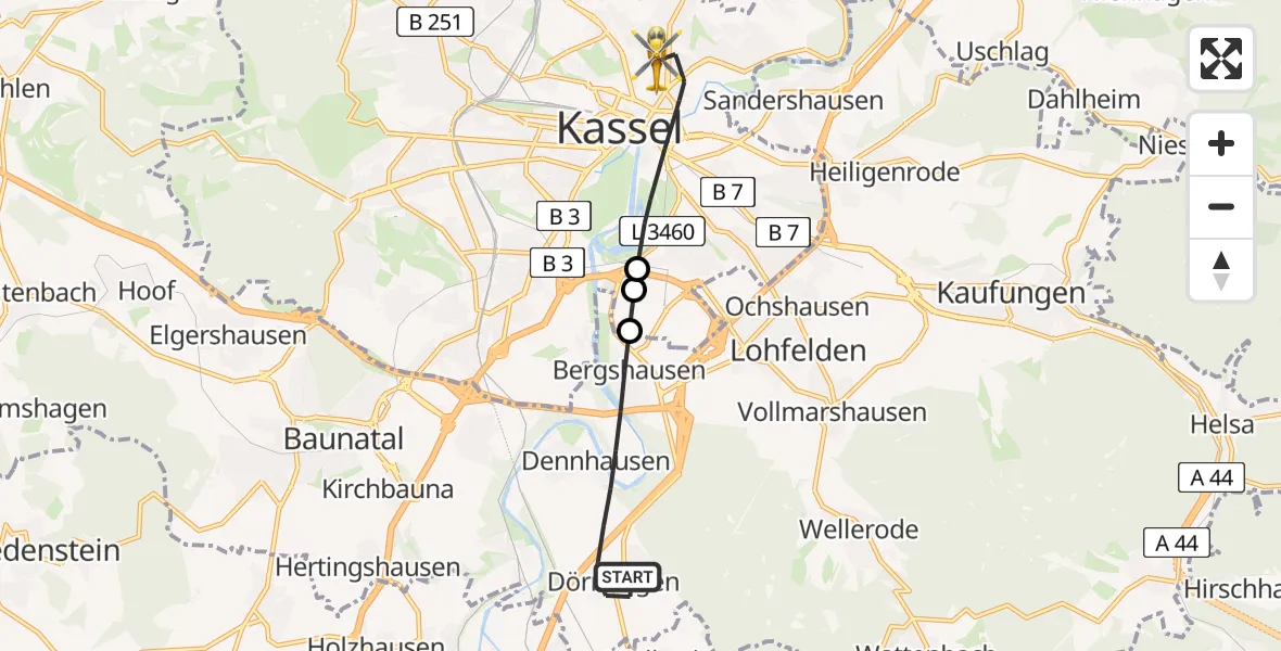 Flugroute Rettungshubschrauber Fuldabrück - Kassel, 17 April 2026, 11:28