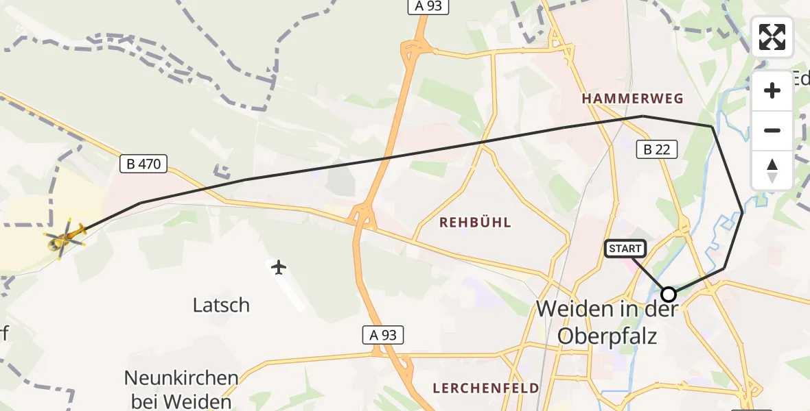 Flugroute Rettungshubschrauber Weiden Hospital - Weiden i.d.OPf., 17 April 2026, 11:29