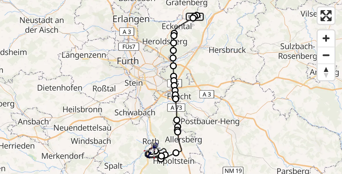 Flugroute Polizeihubschrauber Lauf-Lillinghof Flugplatz - Flugplatz Roth, 17 April 2026, 11:47