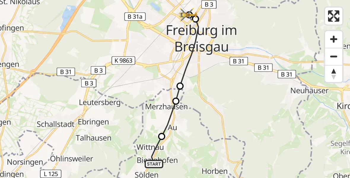 Flugroute Rettungshubschrauber Wittnau - Freiburg University Hospital Heliport 2, 17 April 2026, 11:52
