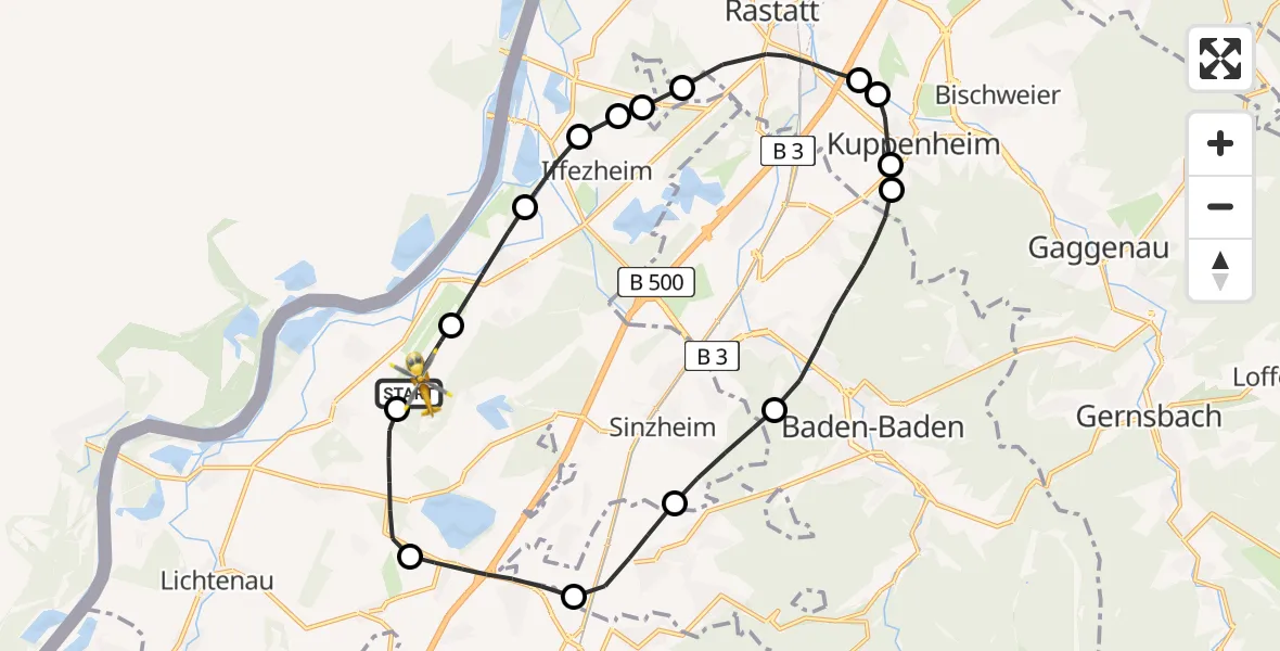 Flugroute Ambulanzhubschrauber Karlsruhe Baden-Baden Flughafen - Karlsruhe Baden-Baden Flughafen, 17 April 2026, 11:57