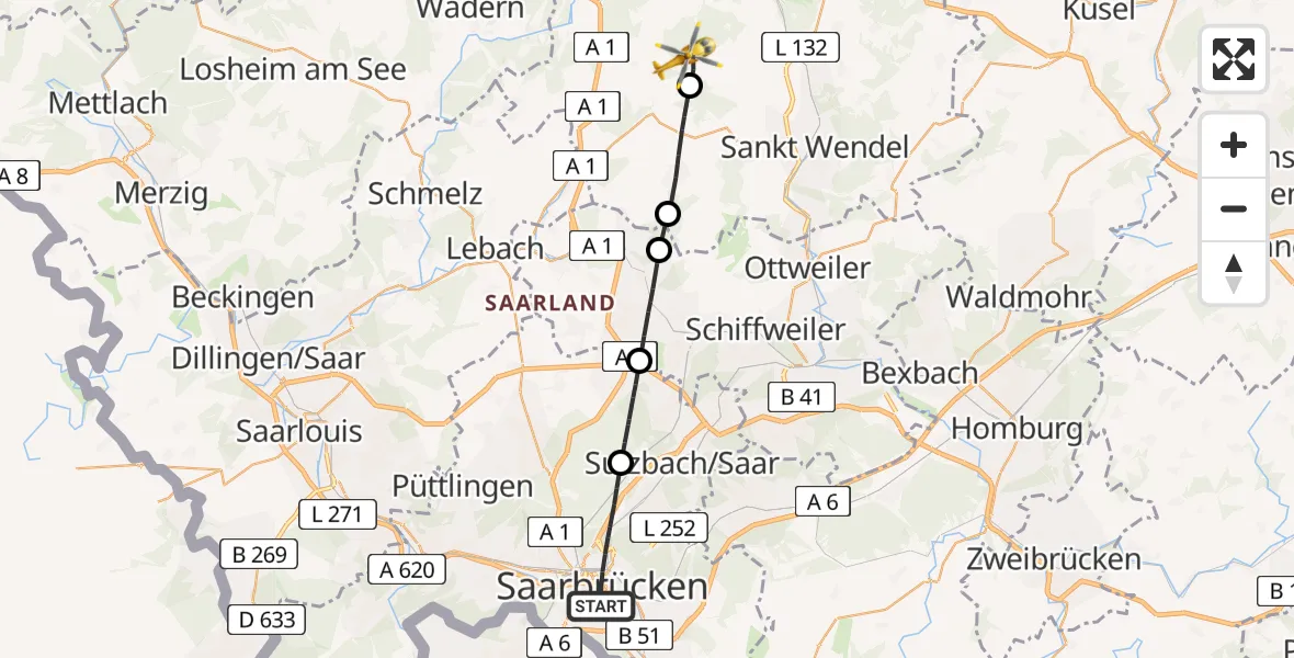 Flugroute Rettungshubschrauber Saarbrücken - Oberthal, 17 April 2026, 12:12