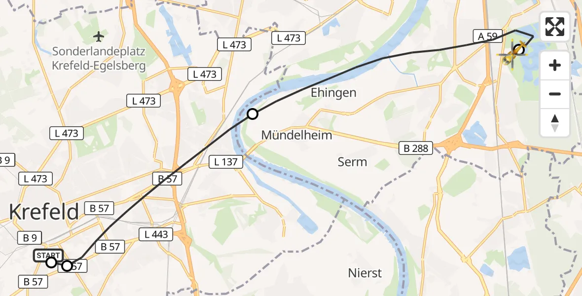 Flugroute Rettungshubschrauber Helios Clinic Krefeld - Duisburg Air Rescue Hubschrauberlandeplatz (Christoph 9), 17 April 2026, 12:13