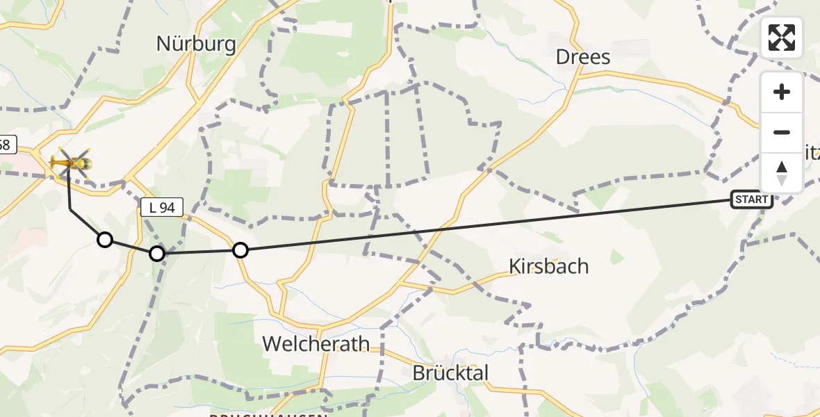 Flugroute Ambulanzhubschrauber Kirsbach - Nürburgring Hubschrauberlandeplatz, 17 April 2026, 12:18
