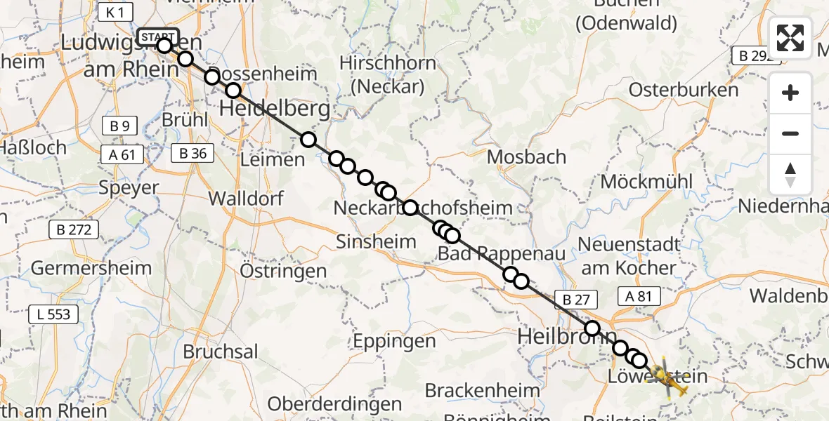 Flugroute Rettungshubschrauber Mannheim - Löwenstein, 17 April 2026, 12:30