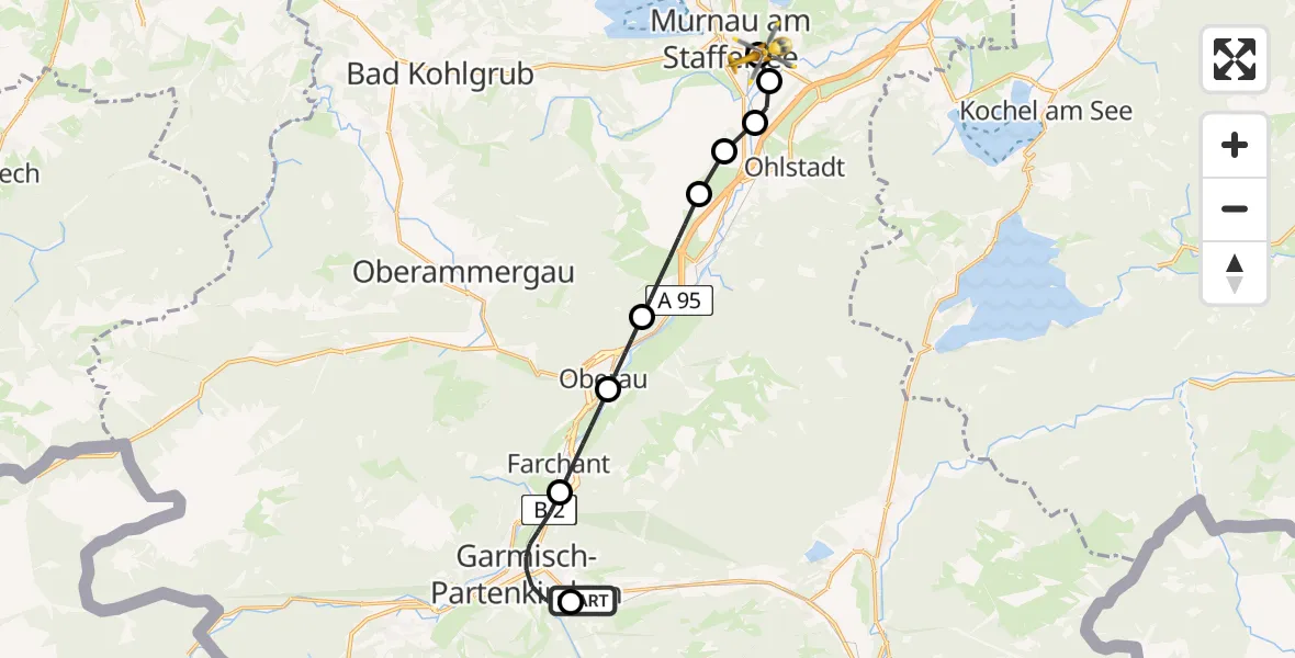 Flugroute Rettungshubschrauber Garmisch-Partenkirchen Clinic Hubschrauberlandeplatz - Murnau Accident Hospital, 17 April 2026, 12:30
