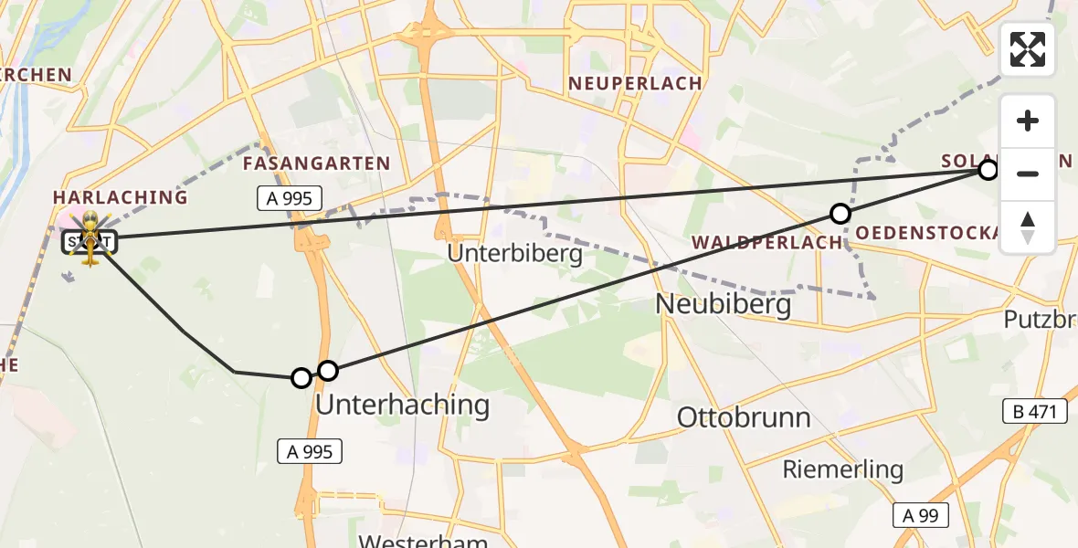 Flugroute Rettungshubschrauber ADAC Air Rescue Center Hubschrauberlandeplatz (Christoph 1) - ADAC Air Rescue Center Hubschrauberlandeplatz (Christoph 1), 17 April 2026, 12:45