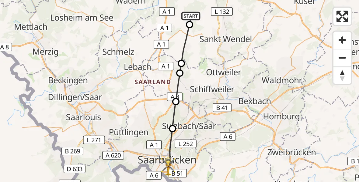 Flugroute Rettungshubschrauber Oberthal - Saarbrücken, 17 April 2026, 12:47