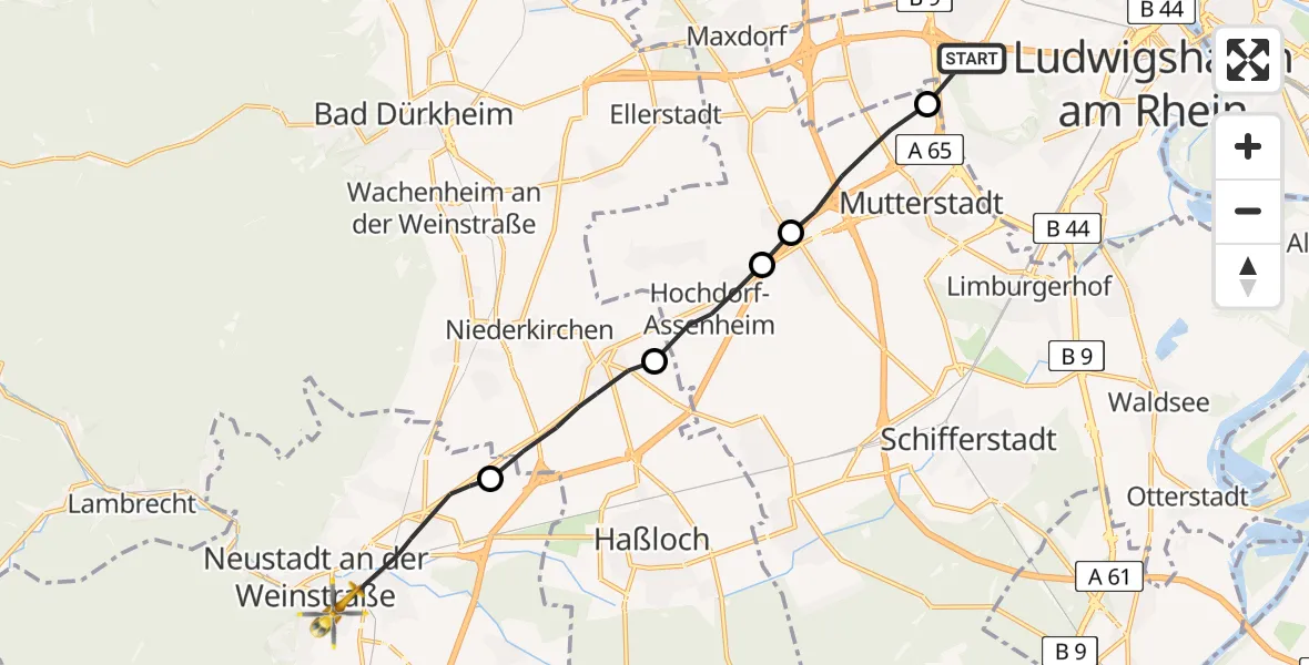 Flugroute Rettungshubschrauber Ludwigshafen am Rhein - Neustadt an der Weinstraße, 17 April 2026, 13:02