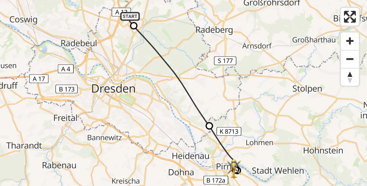 Flugroute Rettungshubschrauber Dresden Flughafen - Pirna Hospital, 17 April 2026, 13:09