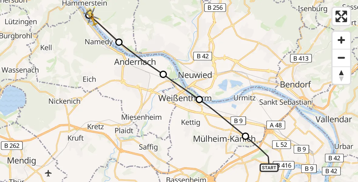 Flugroute Rettungshubschrauber Koblenz - Hammerstein, 17 April 2026, 13:16