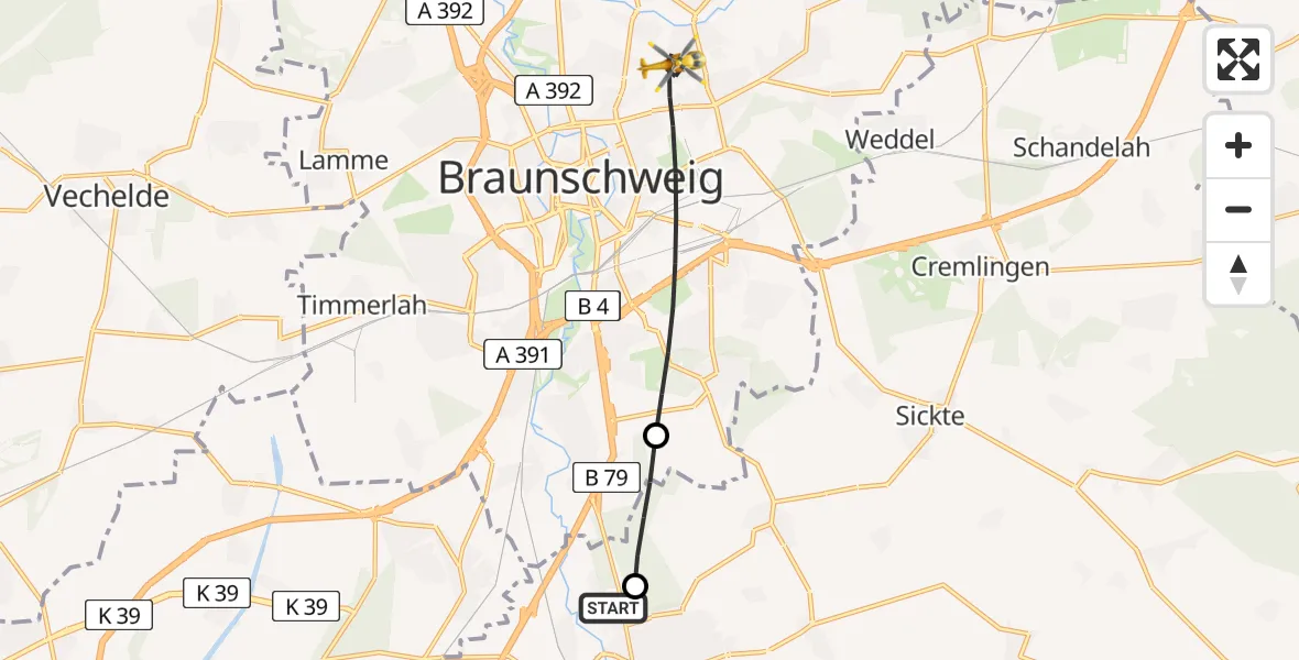 Flugroute Rettungshubschrauber Wolfenbüttel Municipal Hospital Heliport (Christoph 30) - Braunschweig, 17 April 2026, 13:18