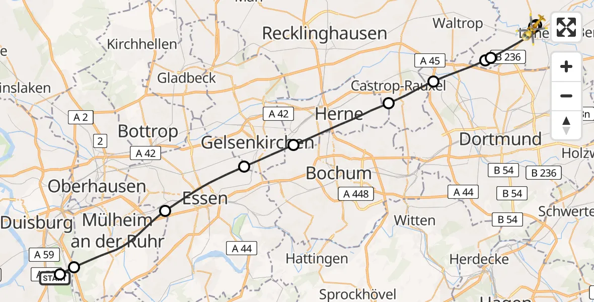Flugroute Rettungshubschrauber Duisburg Air Rescue Hubschrauberlandeplatz (Christoph 9) - Sankt Marien Hospital, 17 April 2026, 13:20