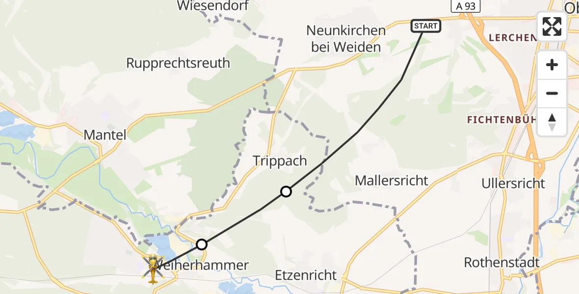 Flugroute Rettungshubschrauber Weiden i.d.OPf. - Weiherhammer, 17 April 2026, 13:22