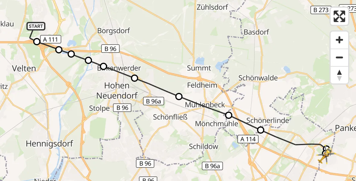 Flugroute Rettungshubschrauber Leegebruch - Helios Clinic Berlin-Buch, 17 April 2026, 13:25