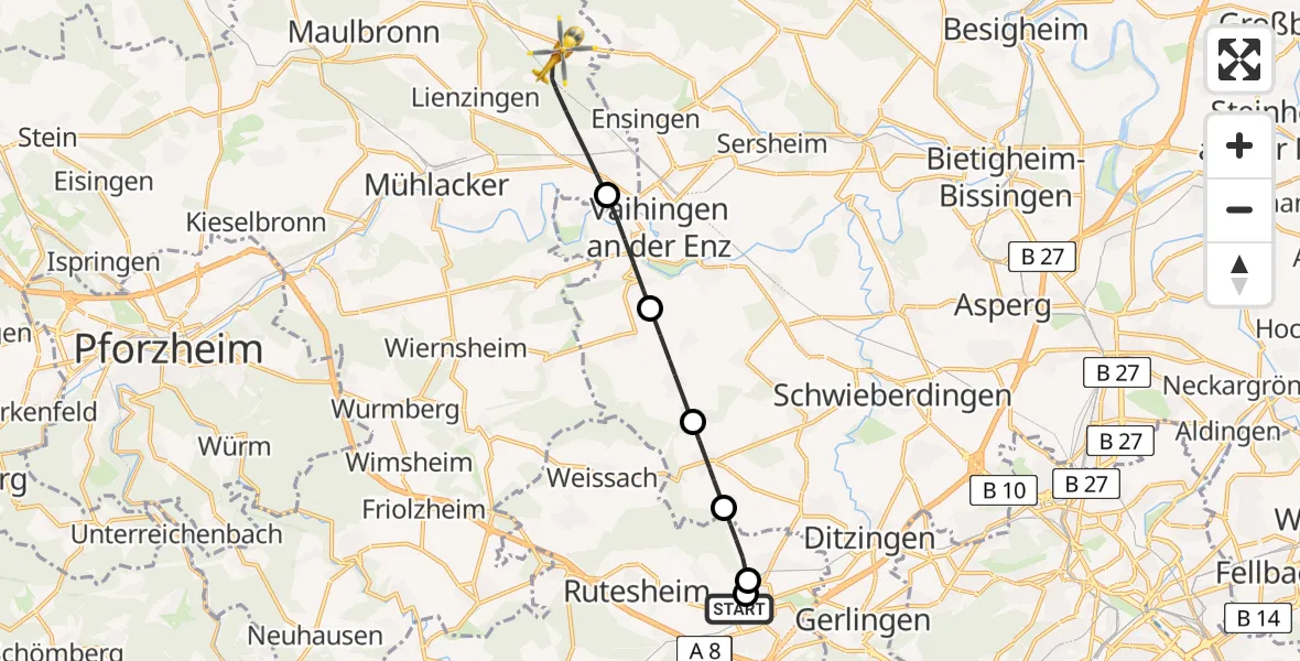 Flugroute Rettungshubschrauber Leonberg Hospital - Illingen, 17 April 2026, 13:37