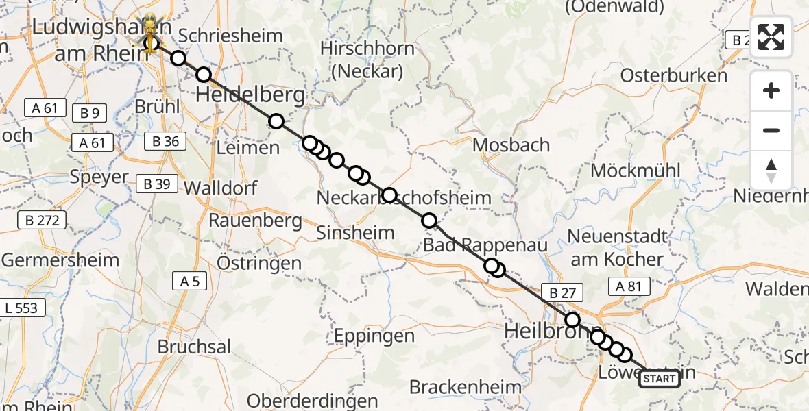 Flugroute Rettungshubschrauber Löwenstein - Mannheim-City Flughafen, 17 April 2026, 13:38