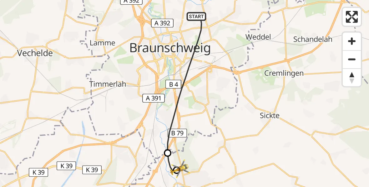 Flugroute Rettungshubschrauber Braunschweig - Wolfenbüttel Municipal Hospital Heliport (Christoph 30), 17 April 2026, 13:48