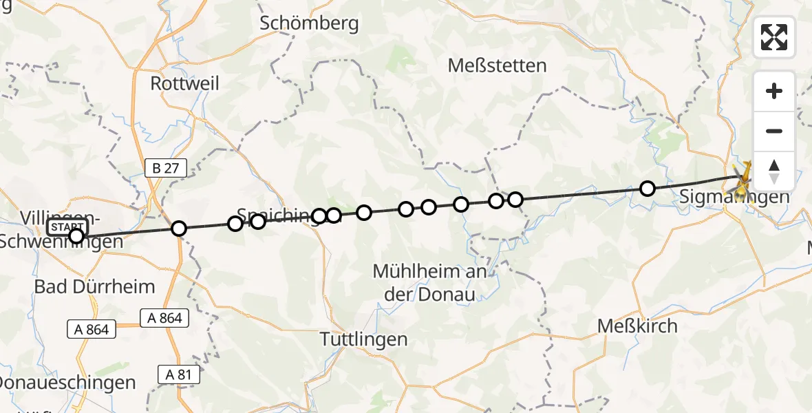 Flugroute Rettungshubschrauber DRF Air Rescue Station Villingen-Schwenningen Hubschrauberlandeplatz (Christoph 11) - Sigmaringen, 17 April 2026, 13:50