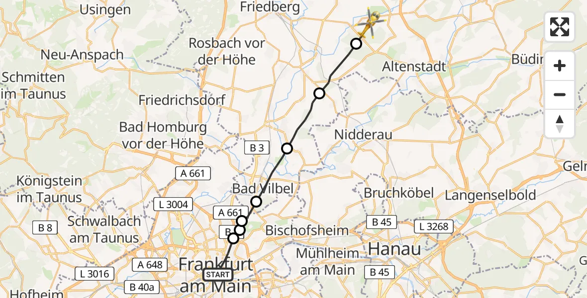 Flugroute Ambulanzhubschrauber Frankfurt am Main - Florstadt, 17 April 2026, 13:52