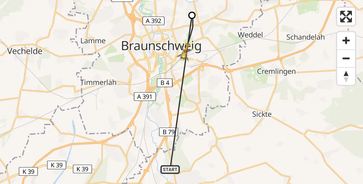 Flugroute Rettungshubschrauber Wolfenbüttel Municipal Hospital Heliport (Christoph 30) - Braunschweig, 17 April 2026, 13:54