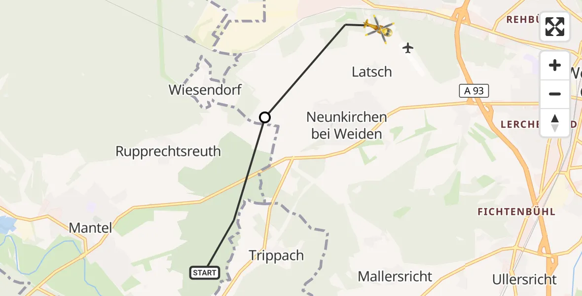 Flugroute Rettungshubschrauber Mantel - Weiden i.d.OPf., 17 April 2026, 14:02