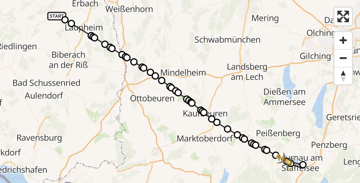 Flugroute Rettungshubschrauber Ehingen (Donau) - Uffing a.Staffelsee, 17 April 2026, 14:02