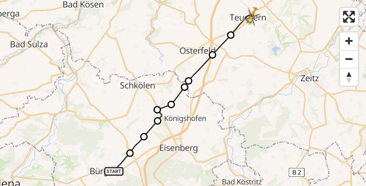 Flugroute Rettungshubschrauber Bürgel - Teuchern, 17 April 2026, 14:06