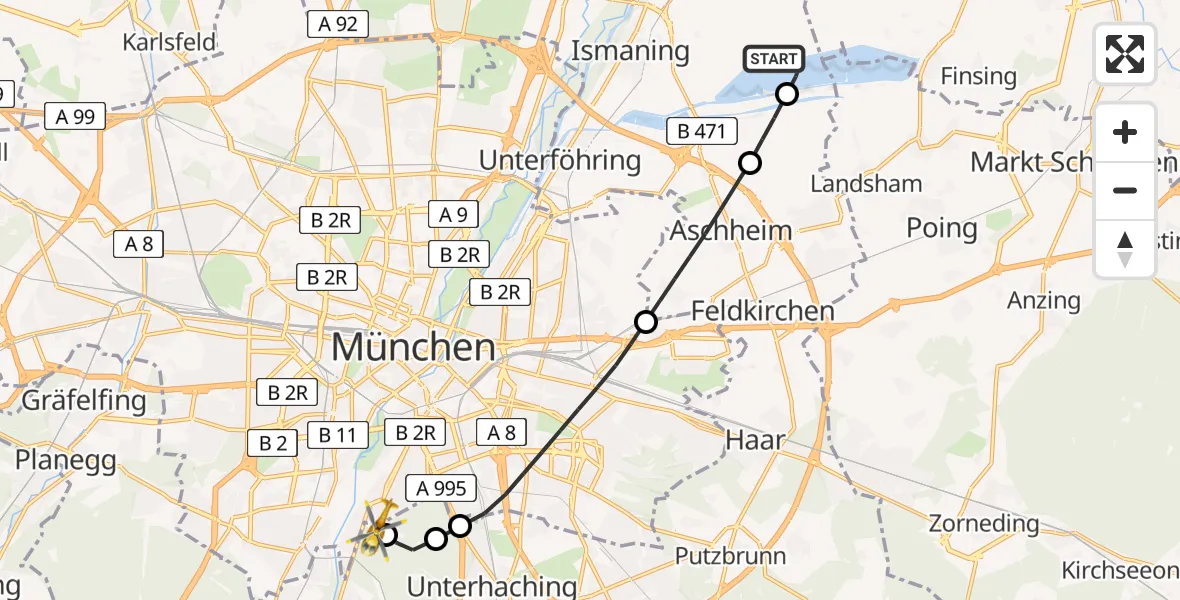 Flugroute Rettungshubschrauber Aschheim - ADAC Air Rescue Center Hubschrauberlandeplatz (Christoph 1), 17 April 2026, 14:15
